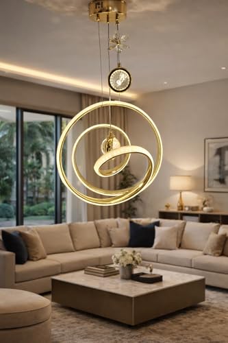 Image of Premium LED Ring Stylish Gold Finish with 3 Different Color Mode (Warm White, Cool White, Neutral White) Changing Chandelier with Height Adjustable Hanging for Bedroom, Living, Dining,and Home
