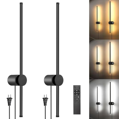 GOODATE Wall Sconces Set of Two with Remote, Stepless Colors 3000K-6500K & Stepless Dimming, Hardwire or Plug-in, 180° Rotate, LED Black Plug in Wall Sconces with Timer & Night Light, 23.6 Inches