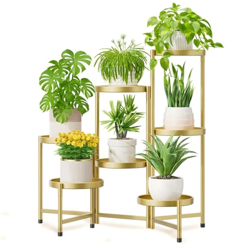 Image of iDavosic.ly 7 Tier Large Plant Stand Indoor, 10 Inch Wide Tall Corner Metal Plant Stands Outdoor for Multiple Plants, Folding Tiered Flower Display Holder Rack Shelf, Gold