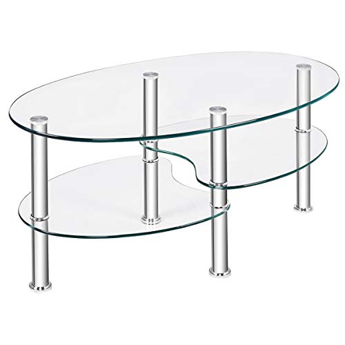 Clear Tempered Glass Oval Side Coffee Table Shelf Chrome Base Living R