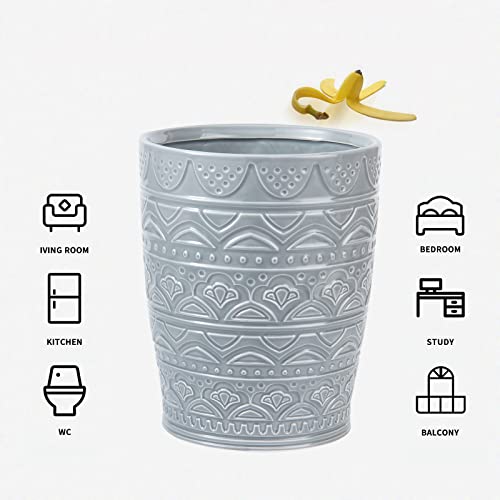 Image of Round Ceramic Small Trash Can Wastebasket, Garbage Container Bin for Bathrooms, Powder Rooms, Kitchens, Home Offices - Durable - Grey