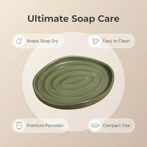 Image of Ceramic Soap Dish with Swirl Grooves, Easy to Clean Soap Holder, Soap Saver Tray for Bathroom, Kitchen & Shower (Green)