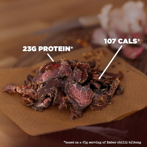 Ember Snacks - Biltong-Snack (2x250g Chilli) aus britischem und irischem Rindfleisch - hoher Eiweißgehalt [Verpackung kann variieren]
