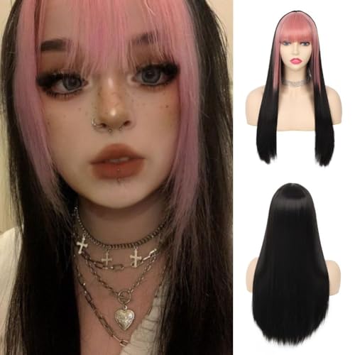 Perruque cosplay longue noire à frange rose pour incarner votre héroïne d'Halloween