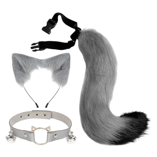 MLPKOI Jogo de cauda e orelhas, de gato diadema com orelhas de gato e colar com cascavel cosplay festa de disfarces para mulher e menina para disfarces de Halloween cosplay