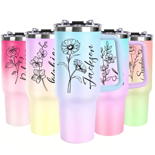 Image of Personalized 40oz Tumbler with Handle, Custom Insulated Tumblers with Name&Birth Flower, Stainless Steel Travel Coffee Mug, Personalized Gifts for Women Men Birthday Fathers Day Mothers Day