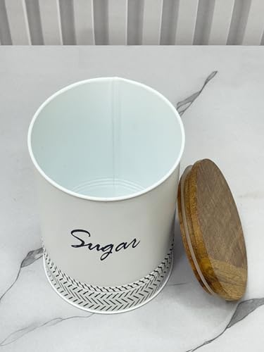 Image of JISCOVERY Airtight Tea & Sugar Container Set of 2| Metal Storage Canister with Wooden Lid for Kitchen| Storage Box for Kitchen Counter Top| 1300 ML| White