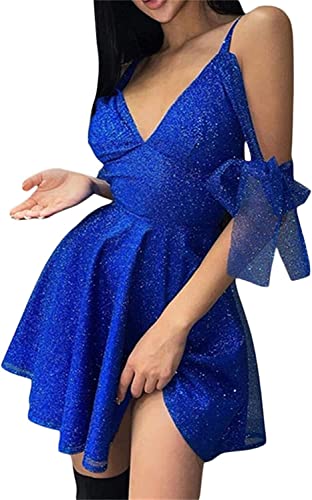 Robe de soirée dos nu bleu S avec col en V profond et sequins pour événements habillés