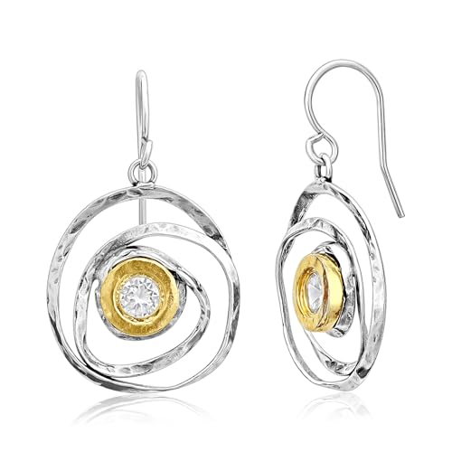 Jean Rachel Jewelry - Artistic Mixed Metal Two Tone Earrings for Women – CZ Dangle Earrings – 925 Sterling Silver & 14K Gold Over Silver – Hypoallergenic Statement Design