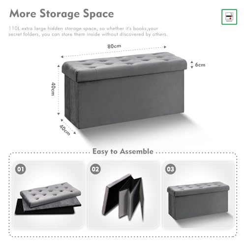 Bonlife Folding Velvet Ottoman Storage Bench,Long Shoes Bench,Footrest Stool Seat,Toy Chest Storage Box with Lid,Footstool for Living Room,80x40x40cm - Cosy Home Interiors Bonlife Folding Velvet Ottoman Storage Bench,Long Shoes Bench,Footrest Stool Seat,Toy Chest Storage Box with Lid,Footstool for Living Room,80x40x40cm - Image 3