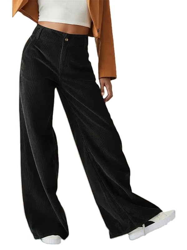 Generisch Damen-Hose mit hohem Bund vielseitig einsetzbar schlankmachende Cordhose mit weitem Bein Trendige Freizeithose