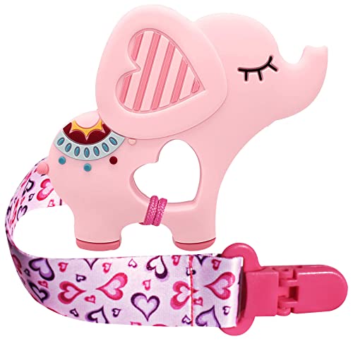 Image of BIGSPINACH 1 Soft Dinosaur Teether for Babies and 1 Baby Pacifier Clip, Valentines Day Gifts for Baby Girl Boy,Silicone Chew Toys for Baby (Pink Elephant)