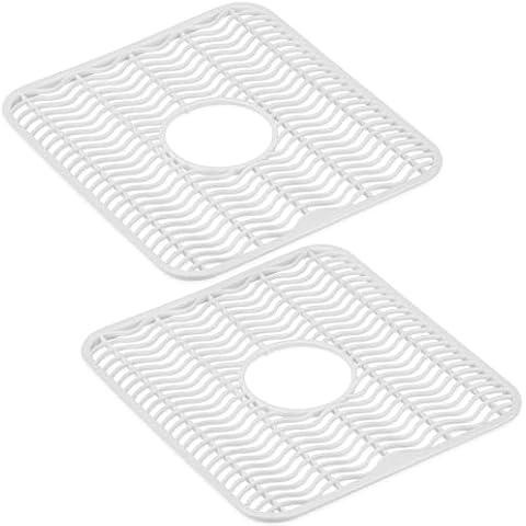 Dependable Industries Inc. Essentials 2 Pack Plastic Sink Protector Mat with Center Drain Cutout Protect Sink and Glasses and Dishes from Scratches and Breaks 12" x 11" White Cover