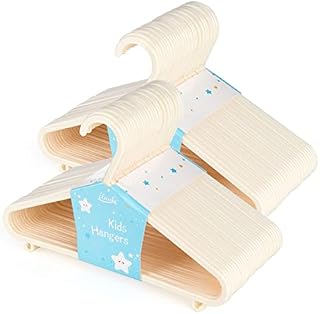 ilauke 60 Pack Plastic Childrens Clothes Hangers Beige Plastic Coat Hangers for Kids Clothes with Skirt Trouser Bar (28.5cm x 17.5cm)