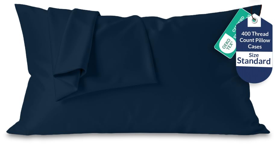 Image of Royale Linens 400 Thread Count 100% American Grown Cotton Standard Pillowcase Set - Luxury Sateen Standard Pillow case - 20 inchx26 inch Inch - Soft & Smooth Set of 2 Navy Pillowcases - (Std, Rivera Navy)