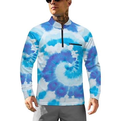 Mens Long Sleeve Mesh Fishing Shirts Teal Tie Dye Blue Swirl Rash Guard Fishing Tshirt Sun Protection Tee