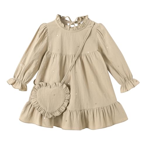 Happy Town Toddler Baby Girl Dress Ruffle Long Sleeve Floral Embroidered Dresses with Bag Fall Winter Outfit Clothes