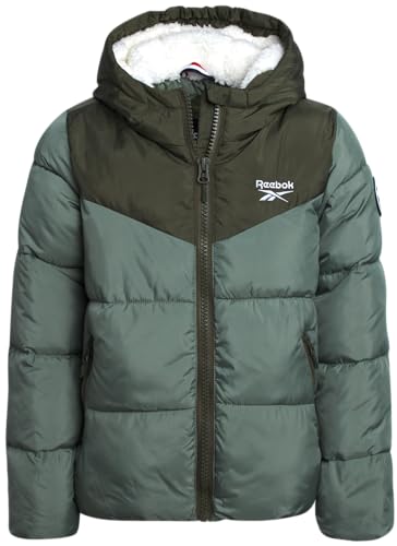 Image of Reebok Girls Heavyweight Poly Taffeta Puffer Jacket with Sherpa Hood | Insulated Quilting Locks in Warmth, Zip-Up Closure, Secure Pockets for Gloves, Cozy Protection for Cold-Weather Play