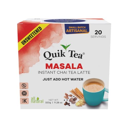 QuikTea Instant Masala Chai Tea Latte Unsweetened, 20 Single-Serve Sachets,