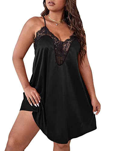 WDIRARA Women's Plus Size Satin Nightgown Lace Trim Backless V Neck Sexy Chemise