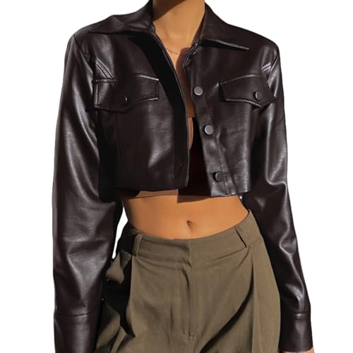 ZGMYC Women's Faux Leather Crop Jacket Button Down Long Sleeve Casual Jacket Outerwear Short Coat Streetwear3