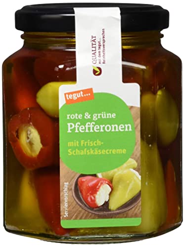 tegut... Rote und grüne Pfefferonen mit Frisch-Schafskäsecreme, 260g (Abtropfgewicht - 125g)
