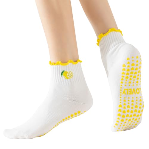 Image of BISOUSOX Pilates Socks Cute Grippy Socks Woman, Ruffle Frilly Grip Ankle Lettuce Dress Yoga Non Slip Sock Size 5 7-9