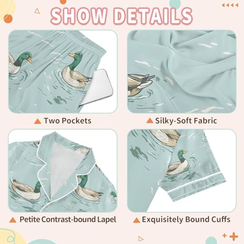 senya Mallard Duck Swimming P Satin Summer Pajama Sets Silk Short Sleeve Button Down Sleepwear3