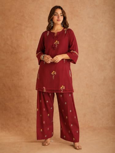 Image of ANNI Designer Farshi Salwar Suit for Women Viscose Embroidered | Co Ord Set for Woman | Straight Kurta Palazzo Outfit Round Neck V Slit 3 /4 Sleeve Ethnic Dress Womens Clothing