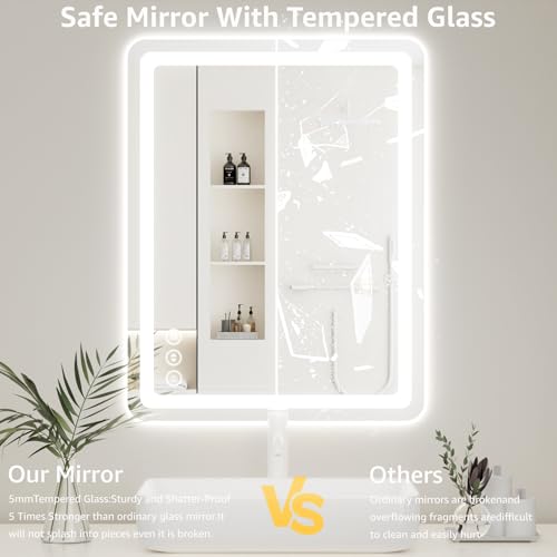 Image of 20 inchL x 28 inchW Led Bathroom Mirror with Lights, Anti-Fog & Tri-Color Lighting - Wall Mounted Shaving Mirror with Touch Sensor, Waterproof & Smart LED Vanity Mirror,Tempered Glass, Dimmable Smart Mirror