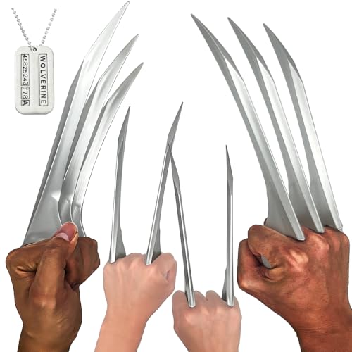 X23 & Wolver Claws Set 4 Plastic Wolf Claws Adult(NOT for Kids) Cosplay Props with Necklace Easy DIY Halloween Costumes Accessories Silver