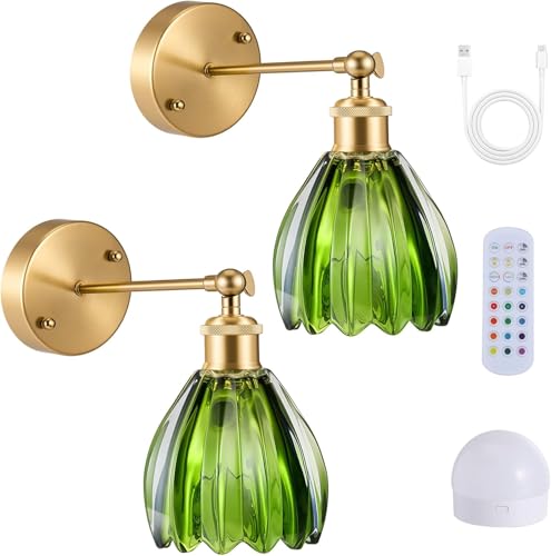 2 Pieces Vintage Wall Light Dimmable with Remote Control,Rechargeable Wall Sconces Set with 3 Color Temperatures & 15 Colors Adjustable RGB Indoor Wall Lamp with Green Glass Lampshade for Living Room