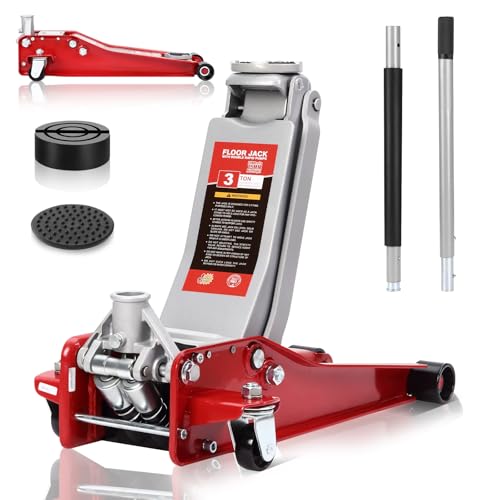 TEENO Gato Hidraulico para Coche | Gato Coche 3T | Altura de Elevación 75-500 mm | Pistón Doble Bajo + 2X Soportes de Goma | Ruedas 360° | Caballetes para Coches | Garaje y Taller de Coches