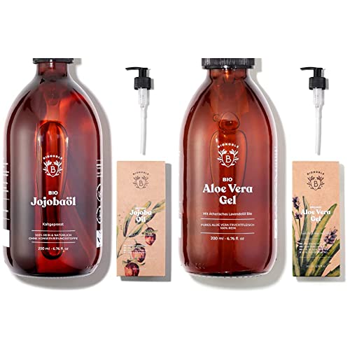 Bionoble Jojobaöl Bio 200ml - 100% Rein, Natürlich und Kaltgepresst - Gesicht, Körper, Haare, Bart, Nägel - Vegan und Cruelty Free - Jojoba Oil - Glasflasche + Pumpe & Aloe Vera Gel Bio 200 ml Cover