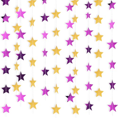Image of Patelai 130 Feet Glitter Star Garland Banner 2026 Party Decoration Double Side Star Hanging String Streamer Paper Twinkle for Graduation Wedding Birthday (Gold and Purple)