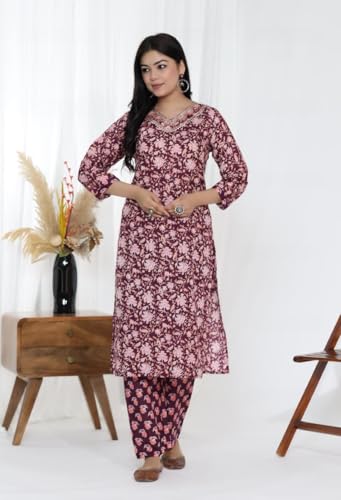 Image of Women's Cotton Floral Printed Ethnic Wear Kurta Set with Dupatta (Women-Kurti-Set)