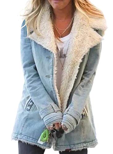 GOSOPIN Women Lapel Sherpa Fleece Lined Denim Jacket Warm Overcoat Outerwear XX-Large Sky Blue