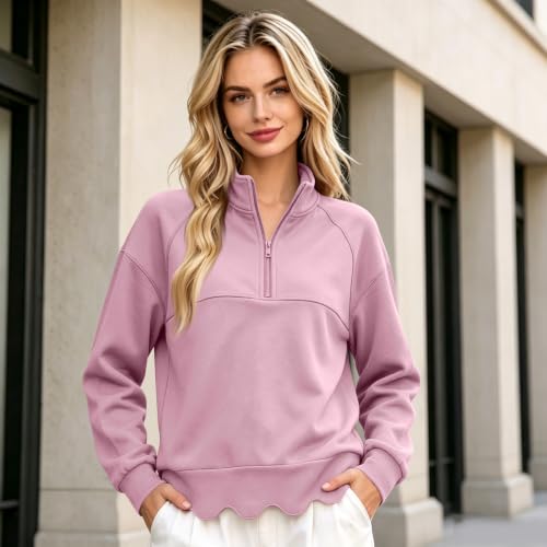 Womens Quarter Zip Sweatshirt Comfy 1/4 Zip Scalloped Pullover Sweatshirt - image 2