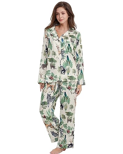 Image of YiNi LuLu Womens Silk Satin Pajamas Set Button Down 2 Piece Pjs Long Sleeve Oversized Sleepwear with Pockets