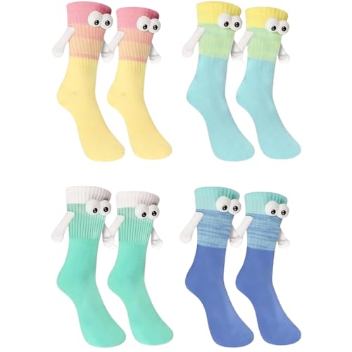 MUNSKT 4 Pairs Funny Magnetic Couple Socks Holding Hands Socks Novelty In Hand Friendship Novelty for Lovers Friends Sisters 3D Doll Couple Birthday Gifts for Boyfriend Friends