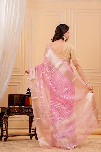 Image of Silk Saree For Women's with Golden Zari Border Blouse | Lightweight Traditional Saree for Women | Wear in Wedding Functions and Cultural Occasions | Pink