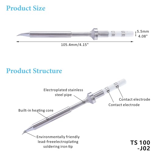 Image of TS100-J02 Soldering Iron Tips, Rapid Heating Replacement Solder Tips Compatible with TS100, TS101, Pine64 and Pinecil Soldering Irons -Accurate Soldering Easy to Install