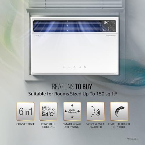 Image of Lloyd 1.5 Ton 5 Star Top Throw Inverter Window AC, 2026 New Star Rated (6 in 1 Convertible, Cools Up To 54C, Voice & WiFi Enabled, Opti Breeze, Super Silent, 4 Way Air Swing, White, GLW18V5AGTPR)