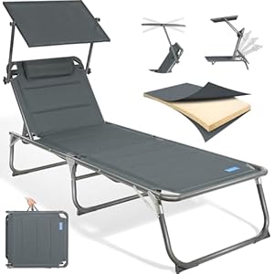 Homecall Sonnenliege Klappbar Mit Dach, Kopfstütze, 5-Fach Verstellbare Rückenlehne, 200 x 70 cm Gartenliege Wetterfest, Garten Liegestuhl Klappbar Leicht, Bis 180 kg für Garten XXL, Karbon Grau