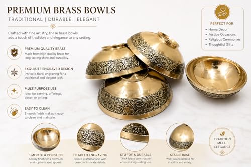 Image of Narayan Product Pure Brass Katori for Pooja | Small Multipurpose Prasadam Bowls for Pooja | Pooja Items Peetal Bowl (Set of 4) | Pital Diya Roli Chawal Kumkum Cups for Puja (7.5 CM)