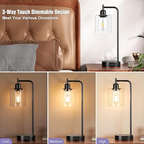 Aooshine Bedside Lamps Set of 2, Industrial Touch Lamps Bedside with USB C+A Charging Ports, Bedside Table Lamps for Bedroom, Black Bedside Lamps with Clear Glass Shade for Living Room(Bulbs Included) - Image 4