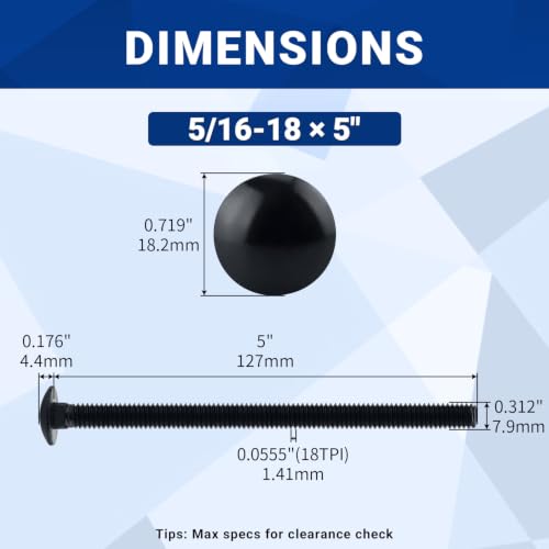 Image of 5 /16-18 x 5 inch Black Carriage Bolts with Nuts and Washers Kits (10 Sets), 304 Stainless Steel 18 /8, Black Finish, Round Head, Square Neck, Heavy Duty Bolts, Indoor Outdoor Fastening Bolts, Fayeploo