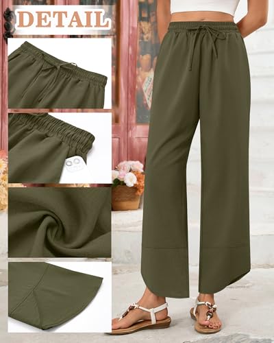 Ficerd Women’s Linen Wide Leg Pants, Summer Casual Beach Harem Pants Loose Elastic Waist Drawstring Palazzo Pant with Pockets3