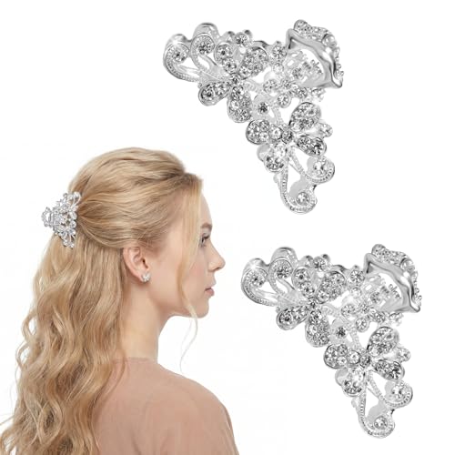 Ouligay 2 PCS Rhinestone Hair Clips for Women and Girls Fancy Crystal Flowers Claw Clips Glitter Diamond Hair Clamps Vintage Bride Hair Accessories for Wedding Party Dance Prom Date