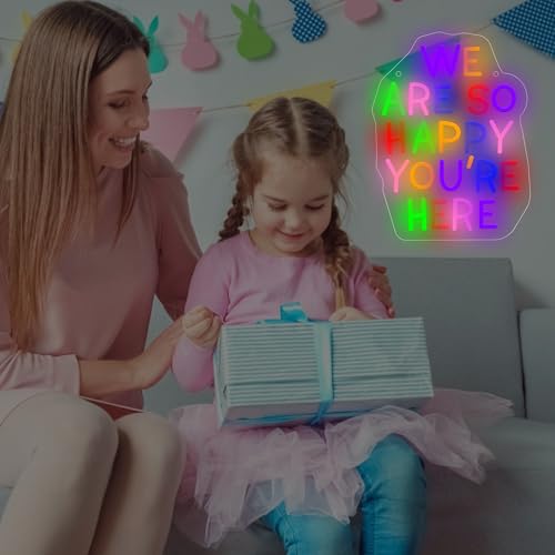 Image of We Are So Happy You're Here LED Neon Sign, Welcome Back Motivational Classroom Neon Lights for Wall Decor, Classroom, Office,Party, Gifts for Teachers and Students
